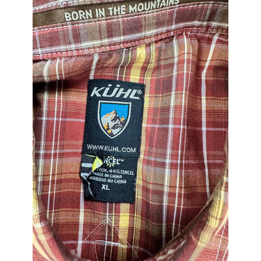 Kuhl Suncel Plaid Short Sleeve Button Down in Reddish Brown, Brown, Golden Yellow and White — Size XL // Preowned