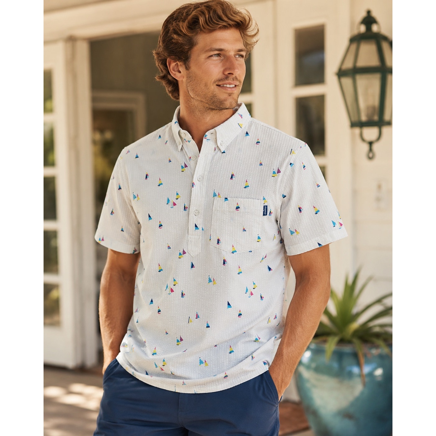Chubbies Seersucker Sailboat Popover Polo in Ivory — Size Medium // Preowned