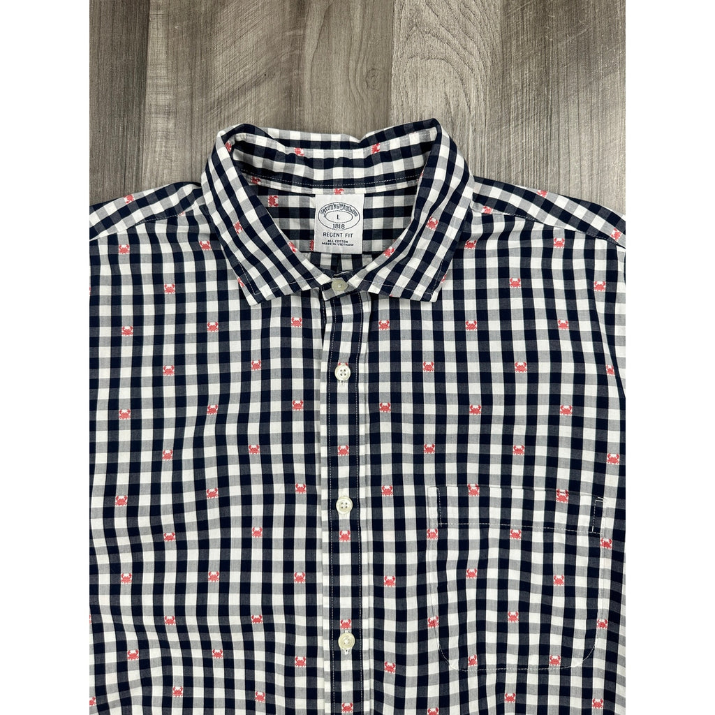 Brooks Brothers Regent Fit Gingham Crab Print Short Sleeve Shirt in Navy, White, Red — Size Large // Preowned