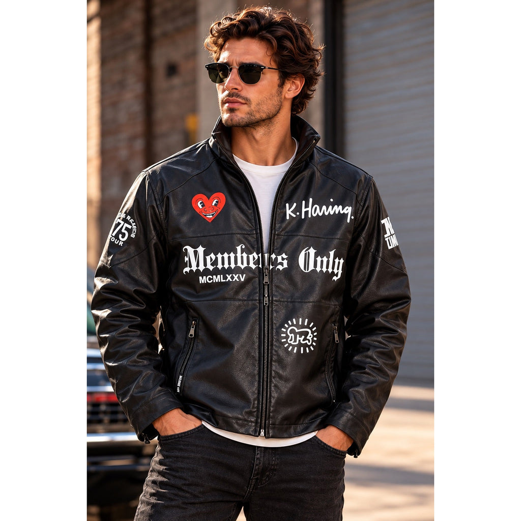 Members Only x Keith Haring Paradise Garage Racing Faux Leather Jacket — Size Medium