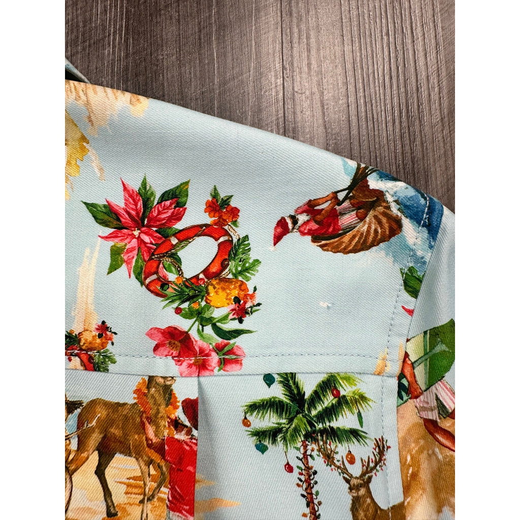 Tommy Bahama Santa Shores Tropical Hawaiian Christmas Short Sleeve Button Down in Light Sky — Size XS