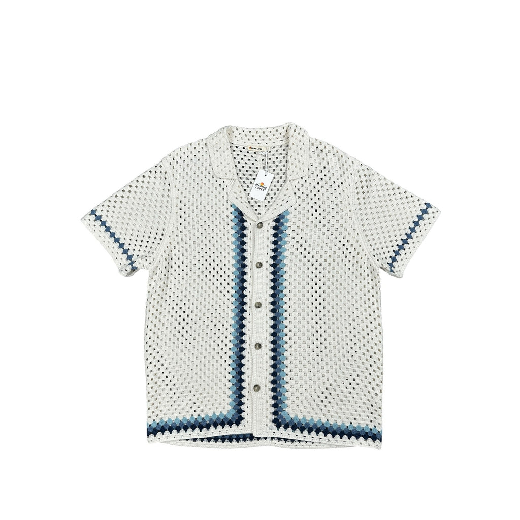 Marine Layer Archive Ace Crochet Resort Short Sleeve Shirt in Natural Border — Size Large