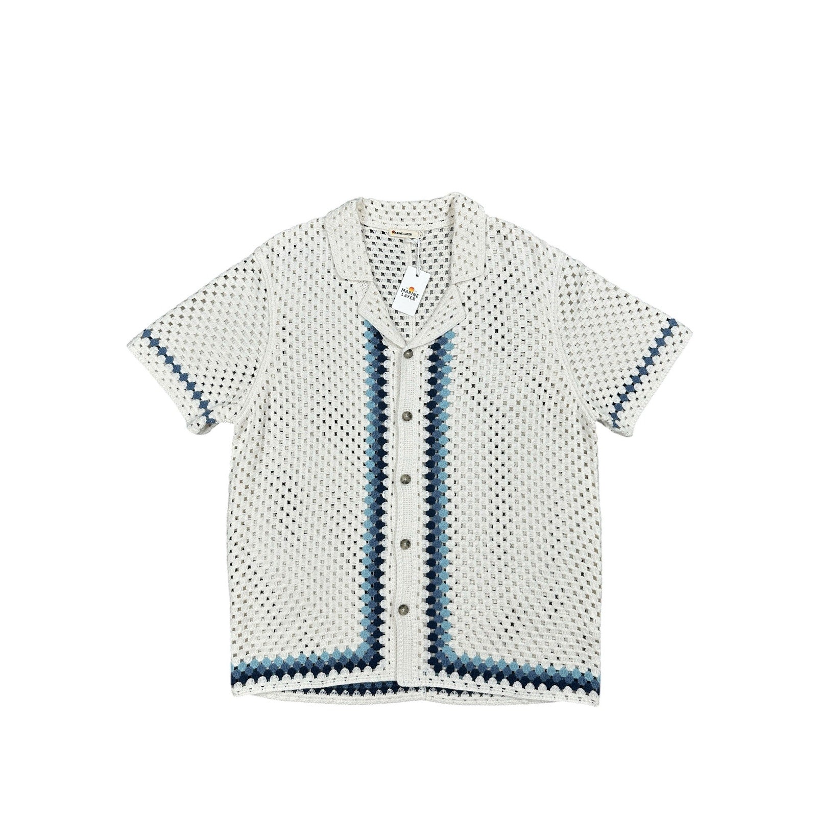 Marine Layer Archive Ace Crochet Resort Short Sleeve Shirt in Natural Border — Size Large