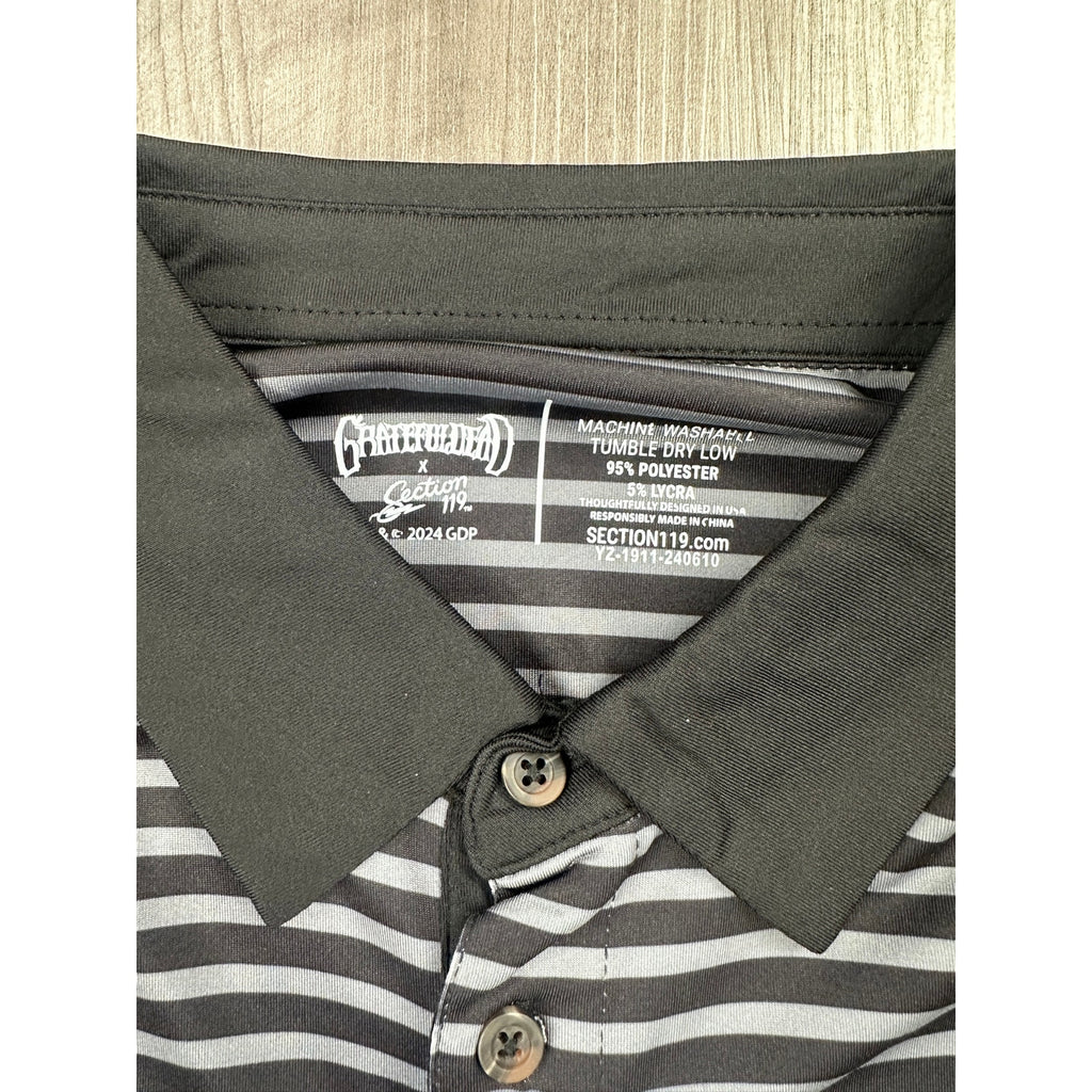 Grateful Dead x Section 119 Performance Striped Polo in Black and Grey — Size Large // Preowned