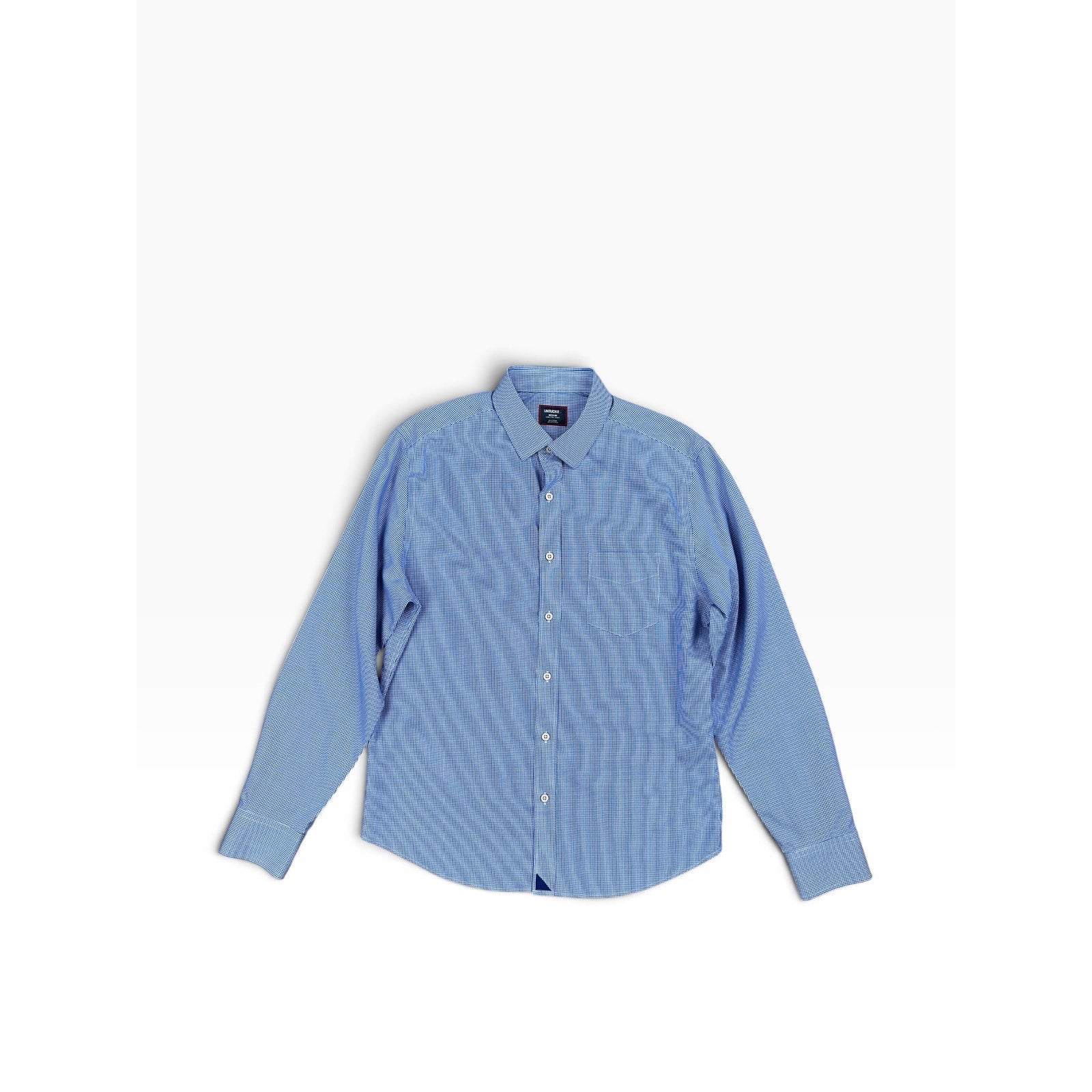 UNTUCKit Kelly Micro Check Slim Fit Wrinkle Free Long Sleeve Shirt in Dark Blue, White — Size Medium // Preowned