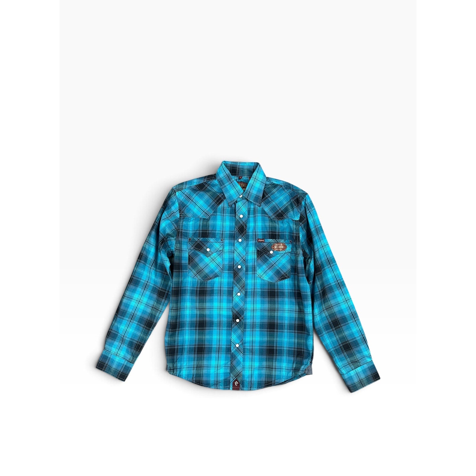 Rafter C Red Dirt Collection Plaid Non Iron Long Sleeve Pearl Snap in Turquoise, Black, Gray — Size Small