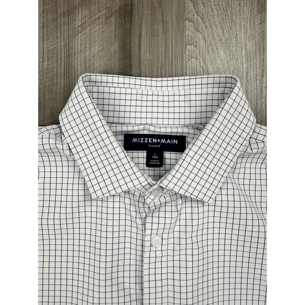 Mizzen+Main Grid Leeward Trim Long Sleeve Button Dress Shirt in White and Navy — Size Large // Preowned
