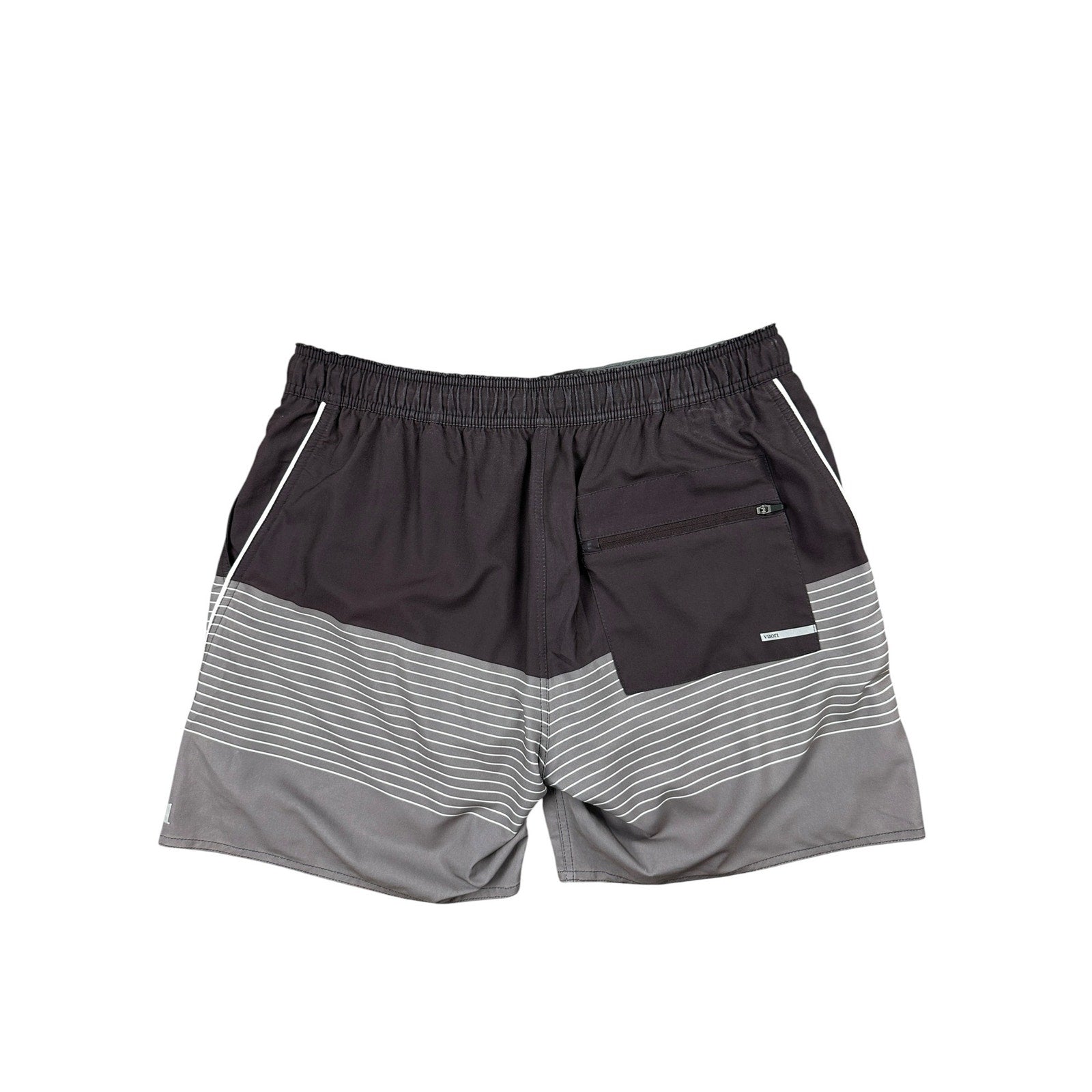 Vuori Trail Shorts 2.0 Lined in Brown Light Gray and White Stripe — Size Large // Preowned