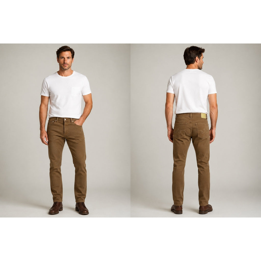 AG Adriano Goldschmied Everett Slim Straight Sueded Stretch Sateen Chino Jean in Brown Micro Check — Size 33x32 // Preowned
