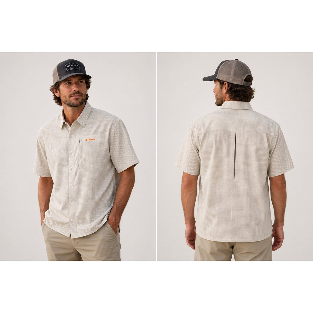 Simms Plaid Seersucker COR3 Short Sleeve Fishing Shirt in Cream Tan Olive Red Orange — Size Large // Preowned