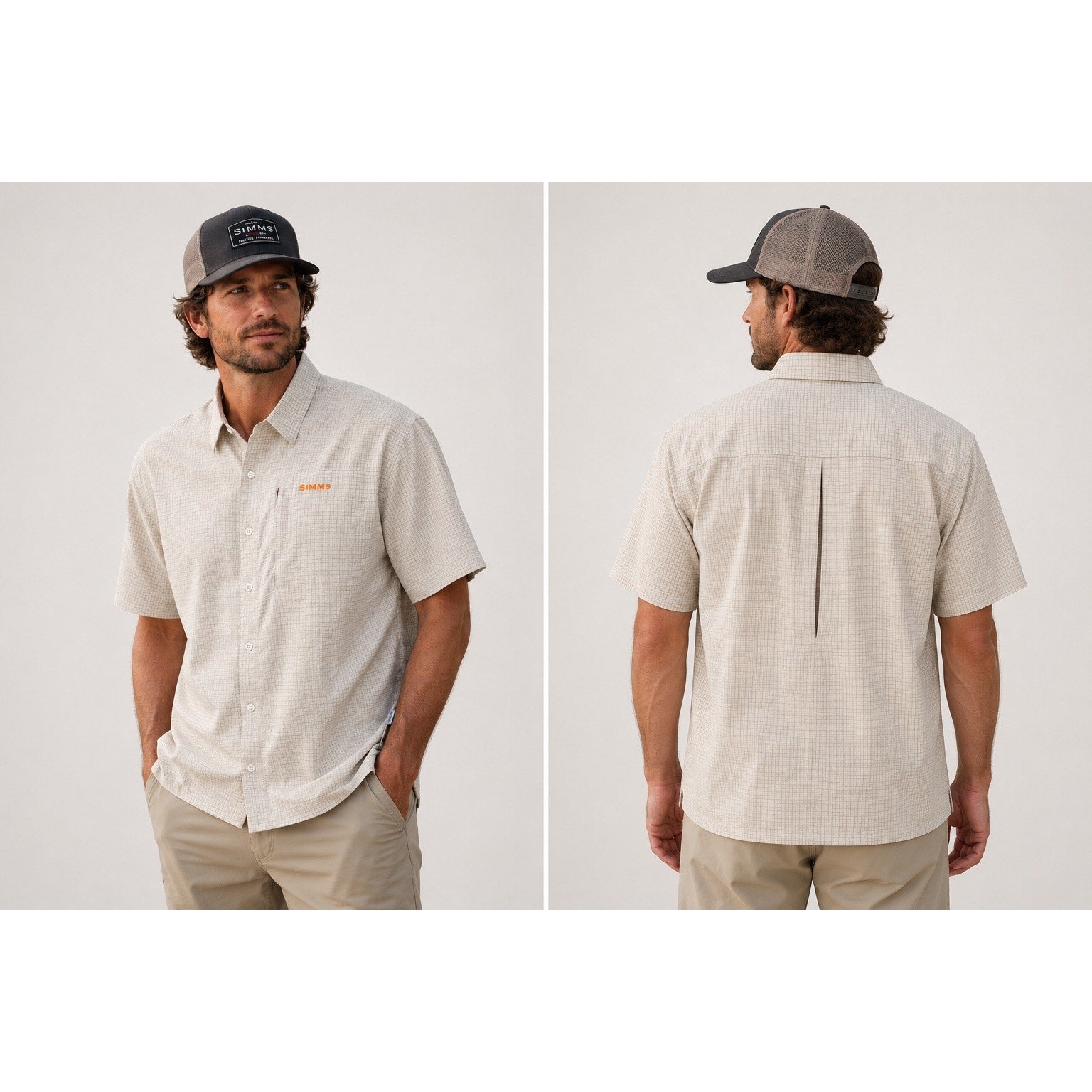 Simms Plaid Seersucker COR3 Short Sleeve Fishing Shirt in Cream Tan Olive Red Orange — Size Large // Preowned