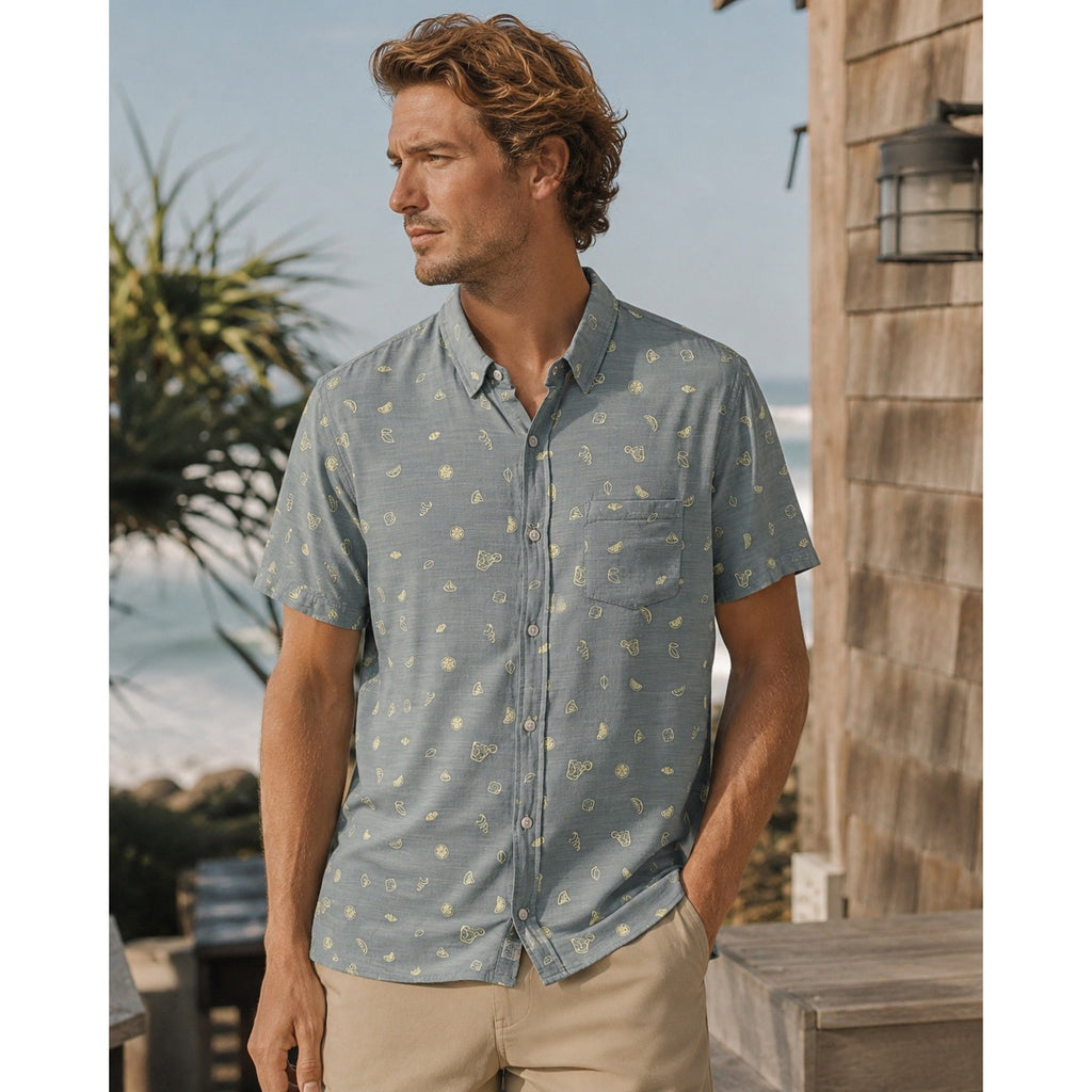 Marine Layer Poole Short Sleeve Button Down in Sage Gray and Yellow — Size Large // Preowned