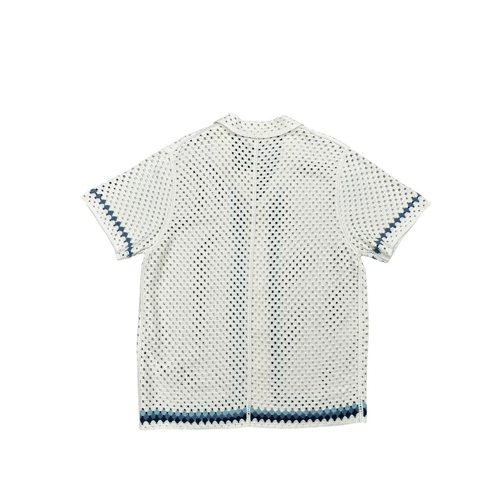 Marine Layer Archive Ace Crochet Resort Short Sleeve Shirt in Natural Border — Size Large
