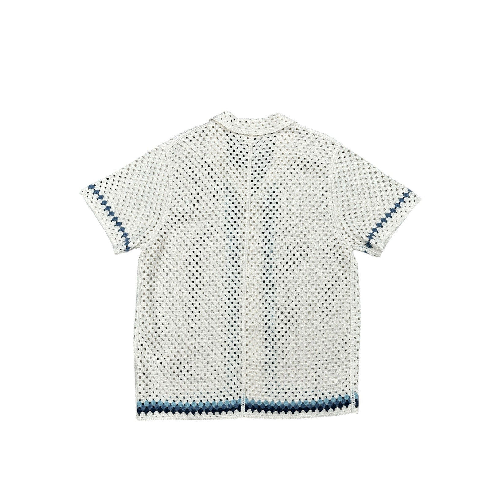 Marine Layer Archive Ace Crochet Resort Short Sleeve Shirt in Natural Border — Size Large