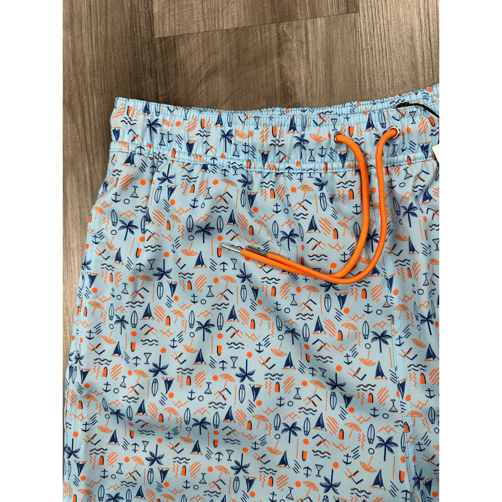 Robert Graham Beach Days Swim Trunks in Light Blue Navy and Orange — Size Large