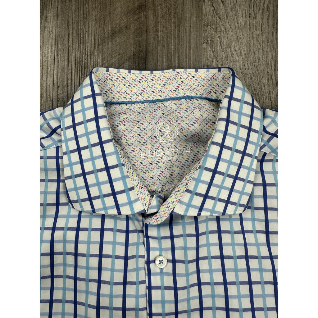 Bugatchi Uomo Long Sleeve Check Dress Shirt in Blue White Plaid — Size 17.5 36/37