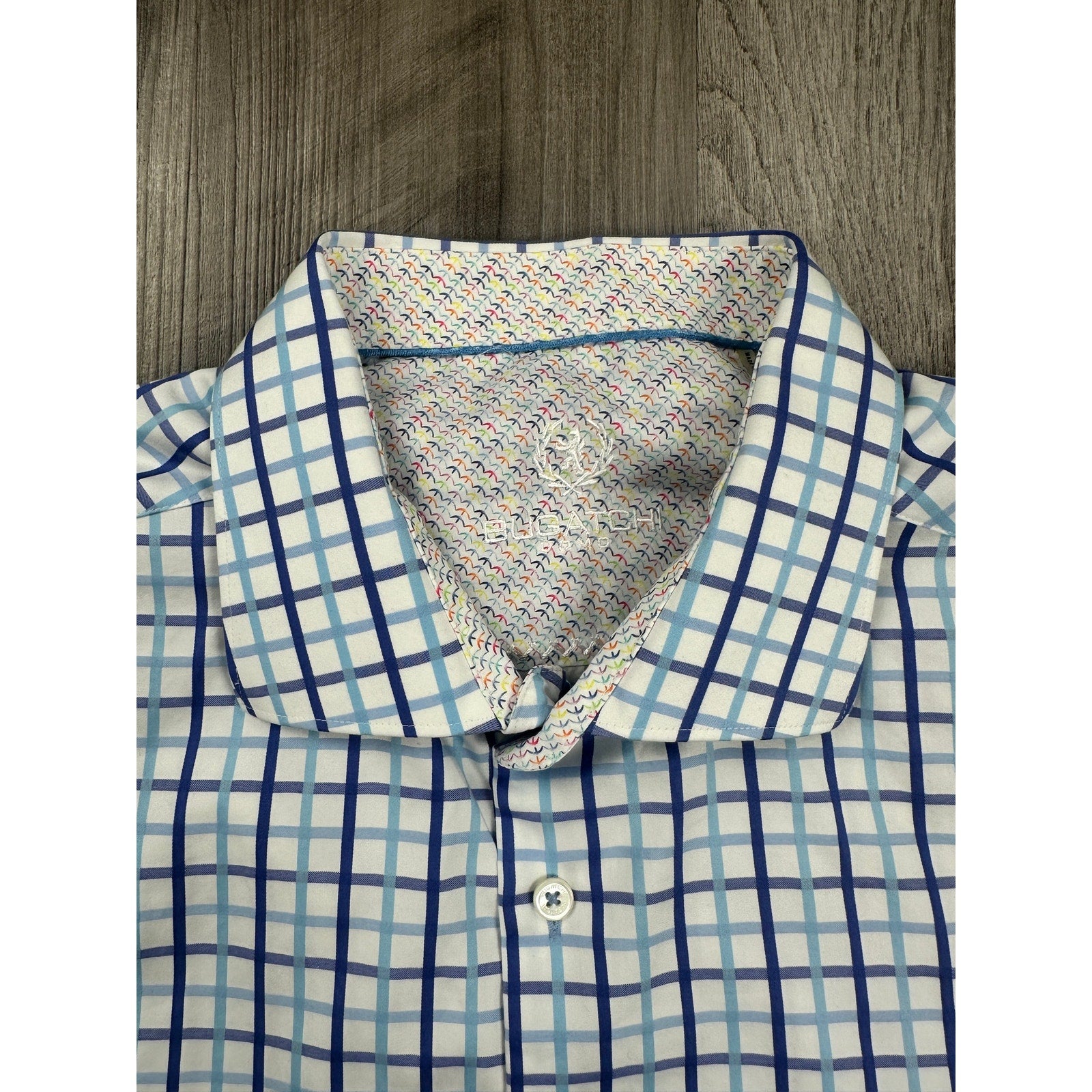 Bugatchi Uomo Long Sleeve Check Dress Shirt in Blue White Plaid — Size 17.5 36/37