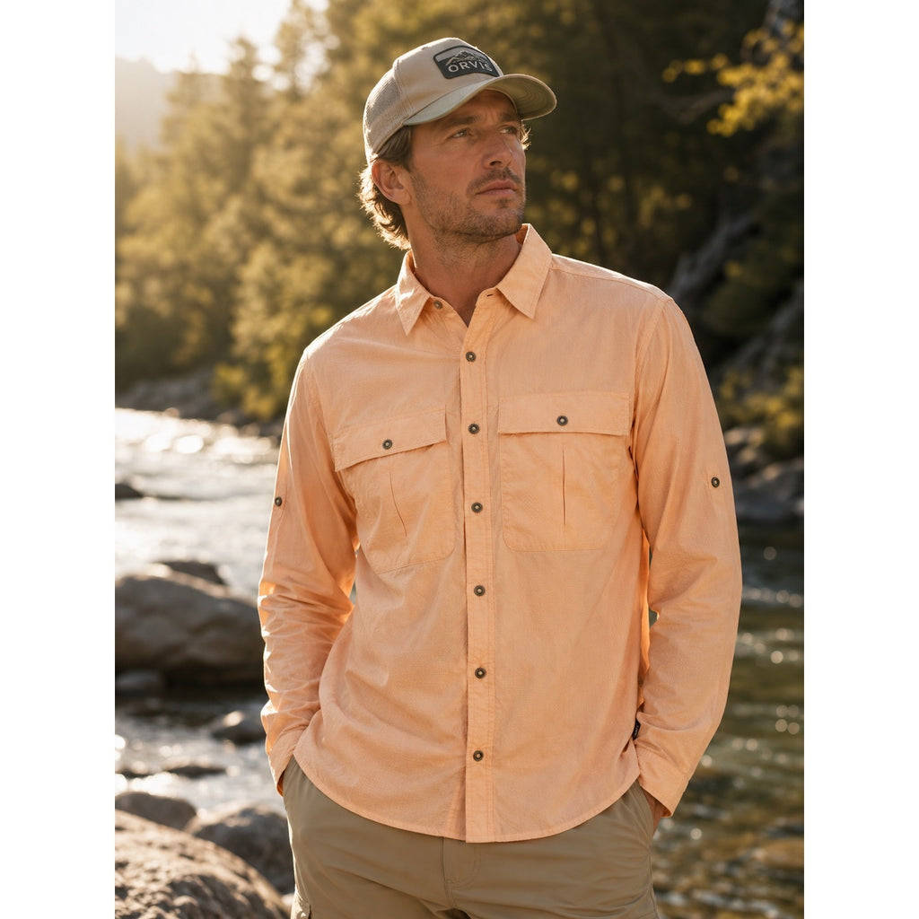 Orvis Open Air Caster UPF 40+ Vented Long Sleeve Fishing Button Down in Orange White — Size Small // Preowned