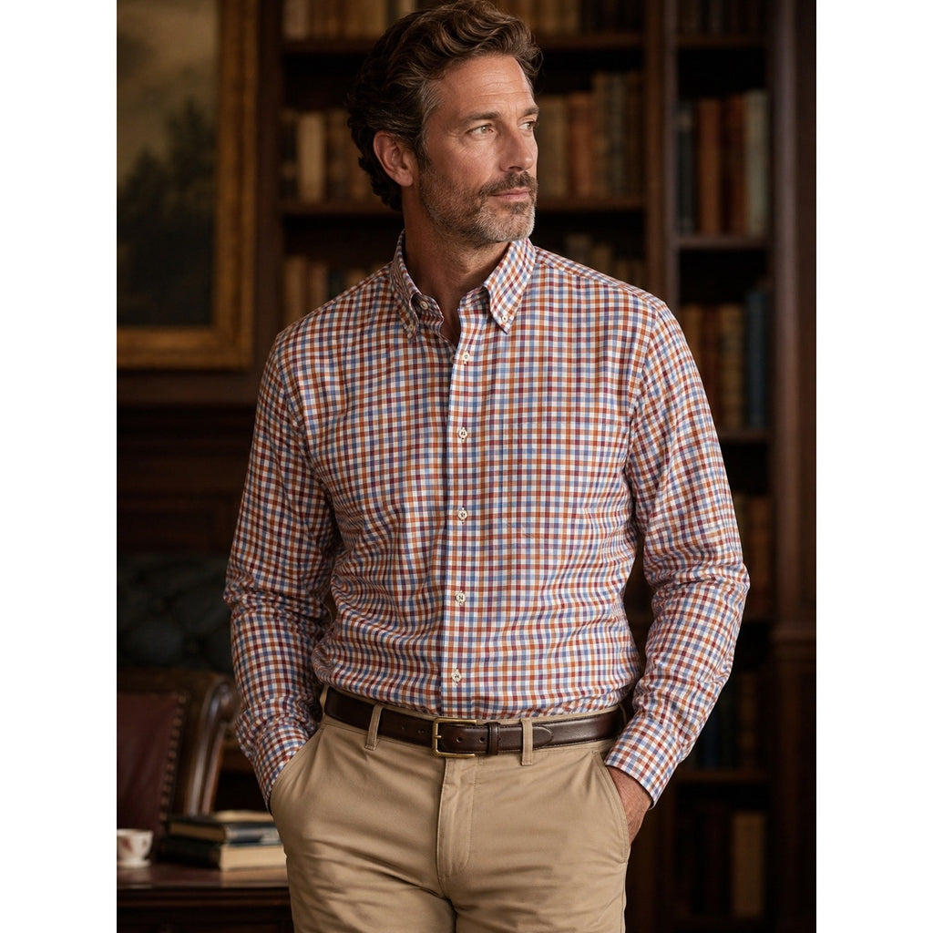 Robert Talbott Caramel Checkered Long Sleeve Button Down - Medium
