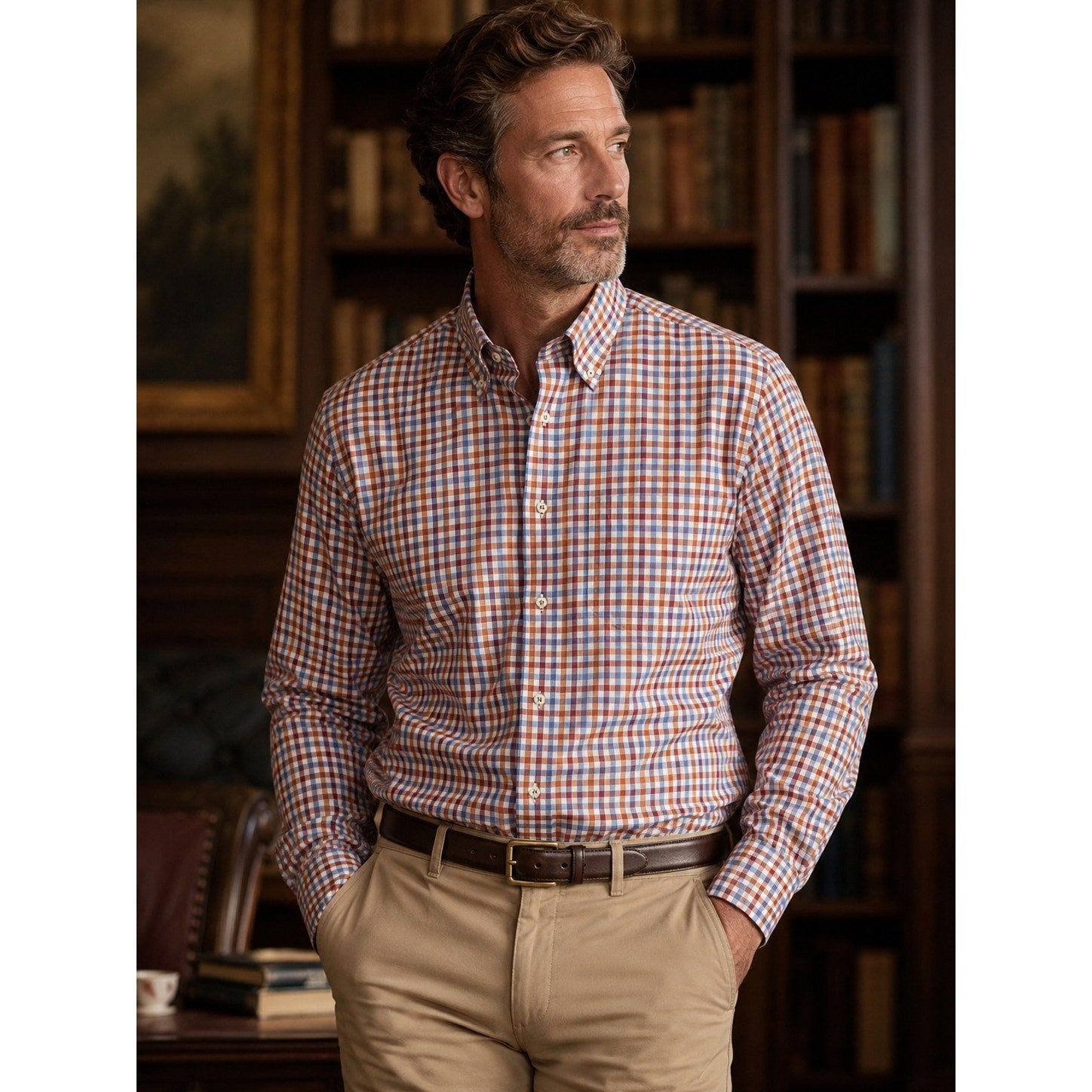 Robert Talbott Caramel Checkered Long Sleeve Button Down - Medium