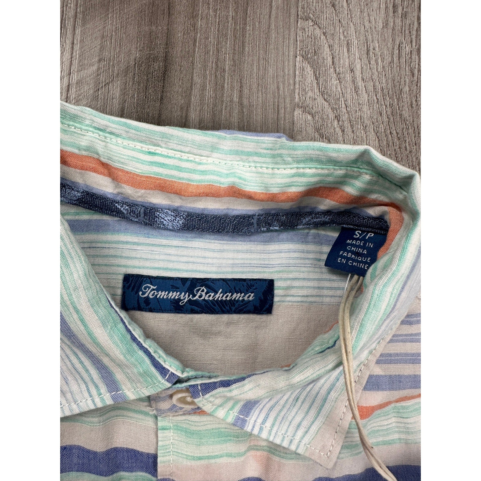 Tommy Bahama Indigo Palms Sand Linen Horizon View Short Sleeve Button Down in Stripe — Size Small
