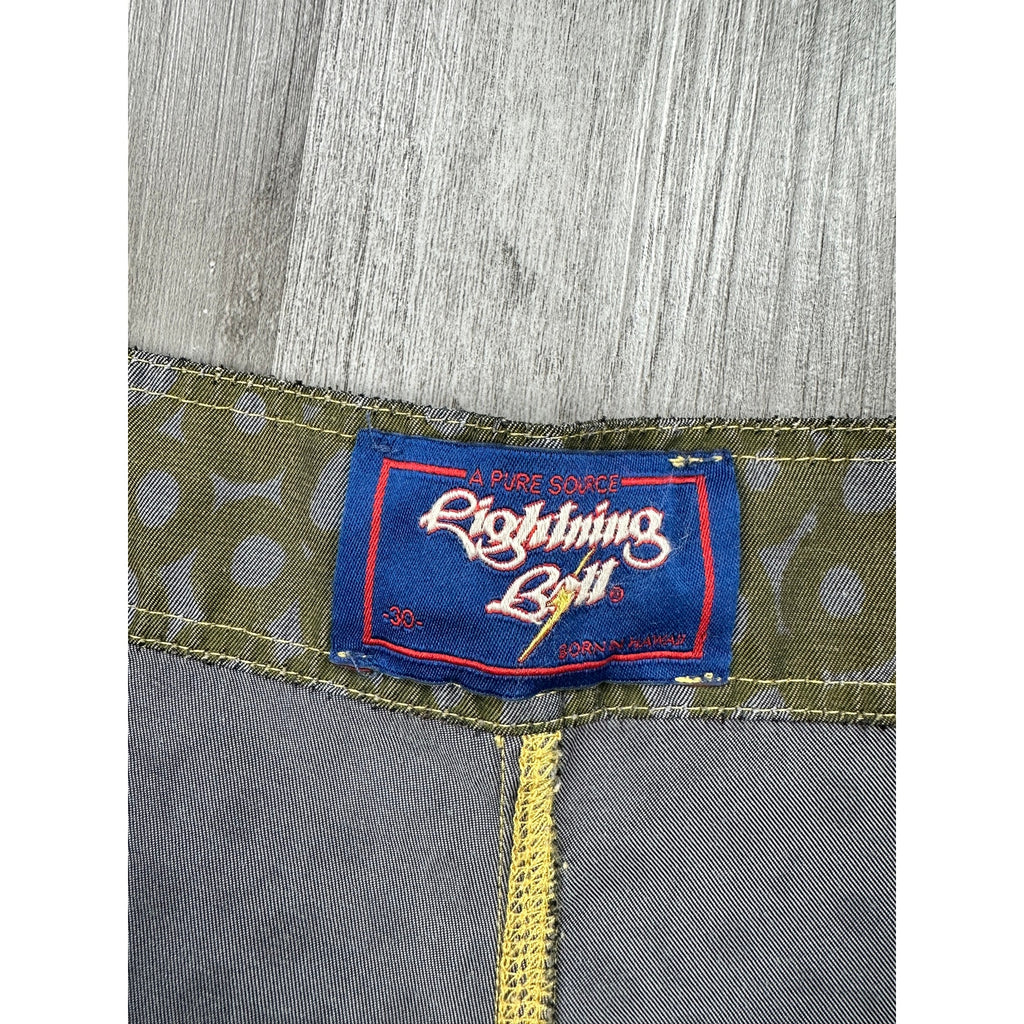 Lightning Bolt Circle Board Shorts in Olive, Gray — Size 30 // Preowned