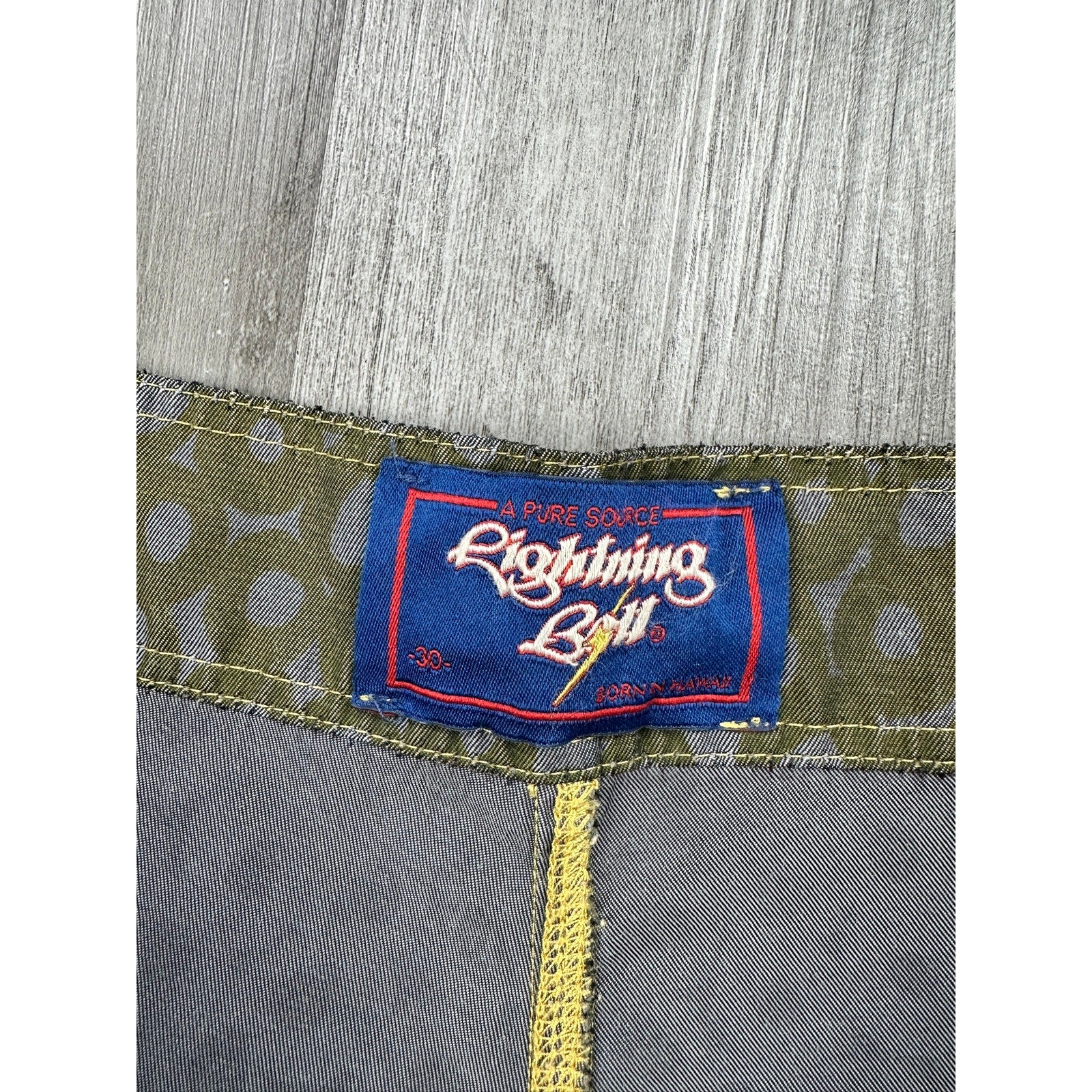 Lightning Bolt Circle Board Shorts in Olive, Gray — Size 30 // Preowned
