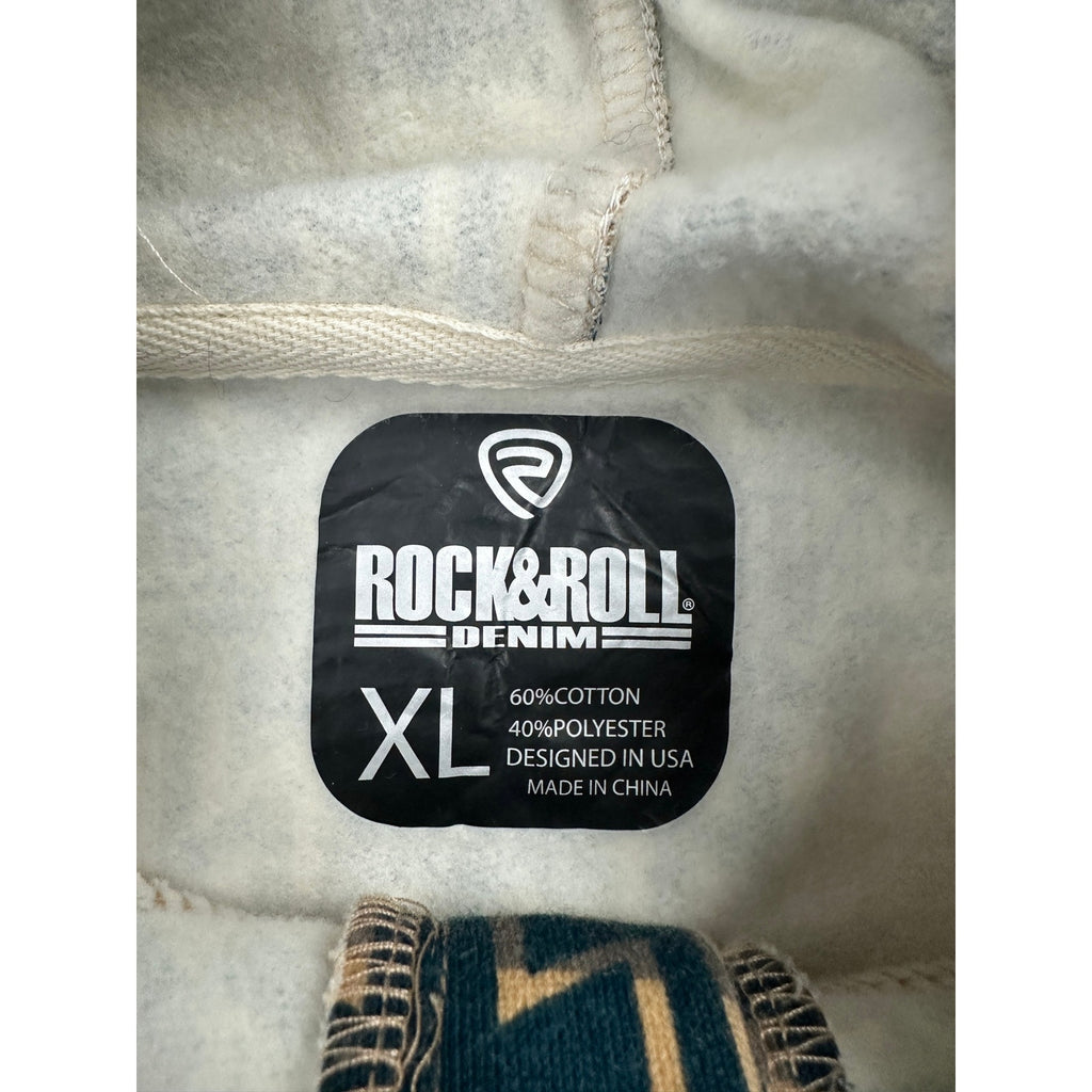 Rock & Roll Denim Aztec Color Block Graphic Tan Henley Hoodie — Size XL // Preowned