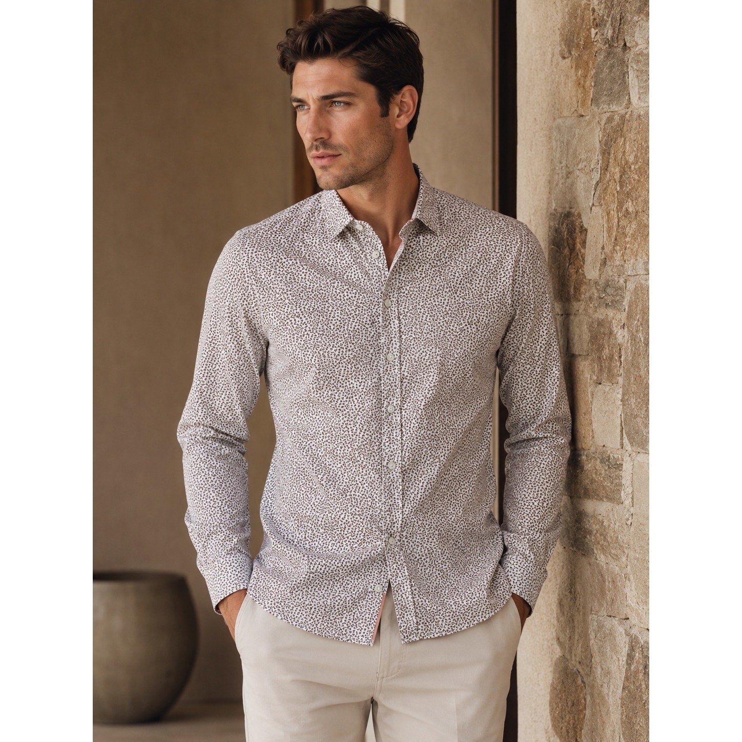 BOSS Hugo Boss Robbie Shaped Fit Leaf Long Sleeve Button Down in White Orange Black Leaves — Size 2XL // Preowned