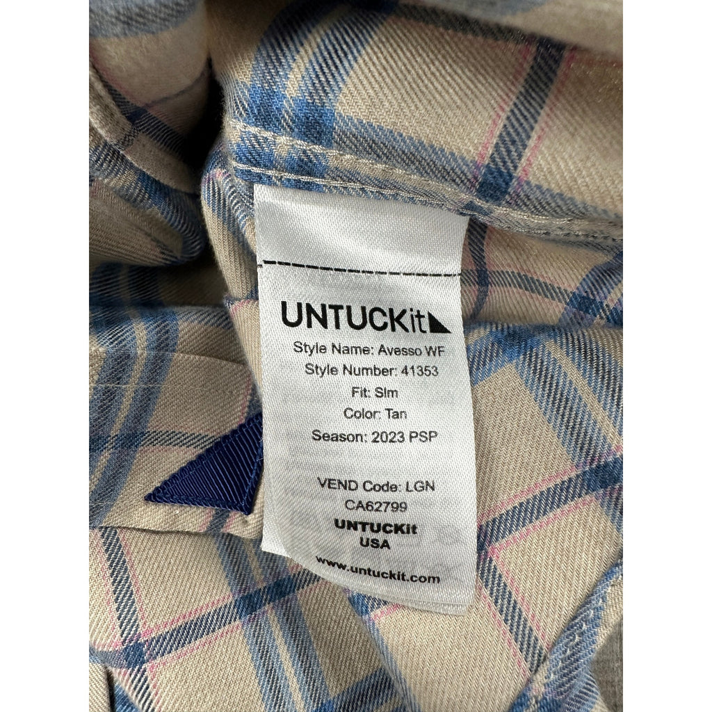UNTUCKit Avesso Slim Fit Wrinkle Free Flannel Plaid Long Sleeve Shirt in Tan, Blue, Black, Pink — Size Large // Preowned