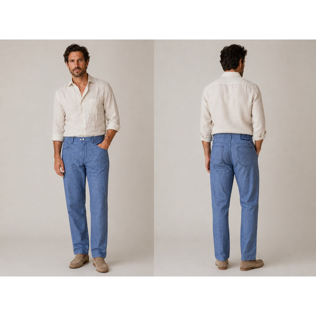 Cesare Attolini Chambray Linen Blend Pants in Blue — Size 42 // Preowned
