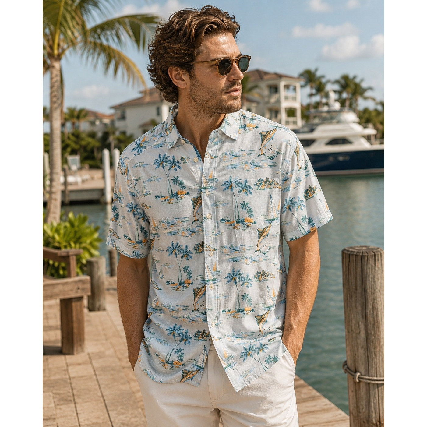 Tommy Bahama Sand Linen Sailfish Scenic Indigo Palms Short Sleeve Button Down in Dew Drop — Size Small
