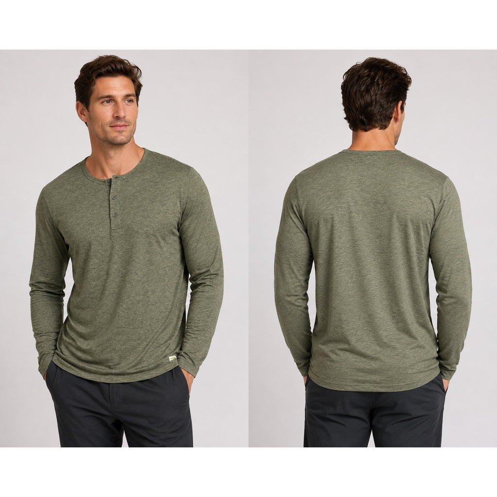 Vuori Ease Performance Long Sleeve Henley in Heather Olive — Size XL // Preowned