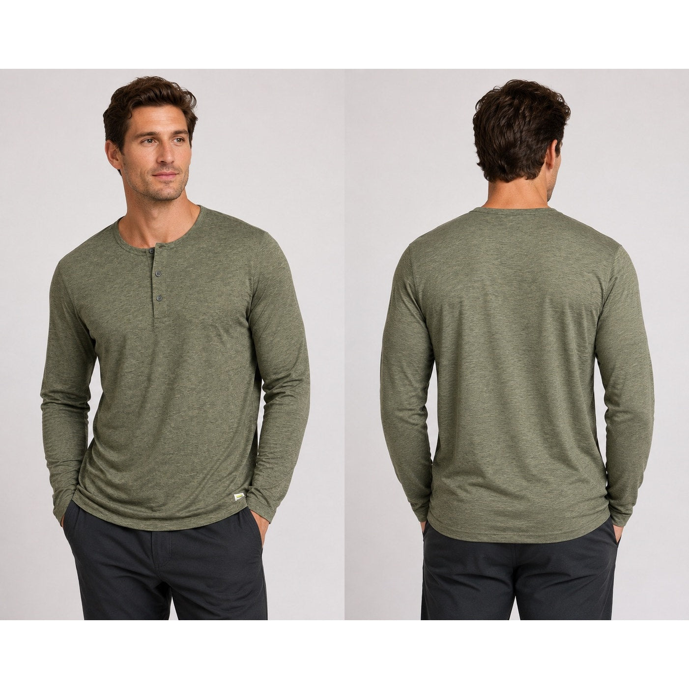 Vuori Ease Performance Long Sleeve Henley in Heather Olive — Size XL // Preowned