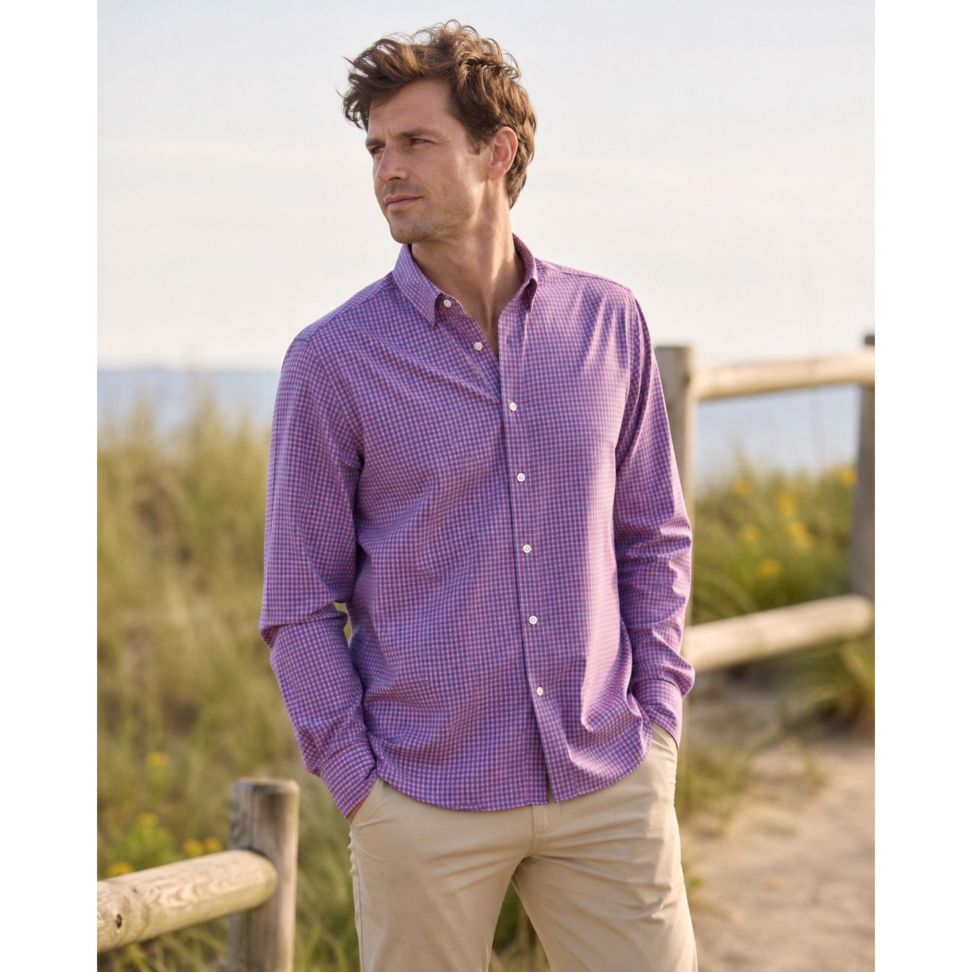 Faherty The Movement Long Sleeve Shirt in Blue Rose Gingham — Size Large // Preowned