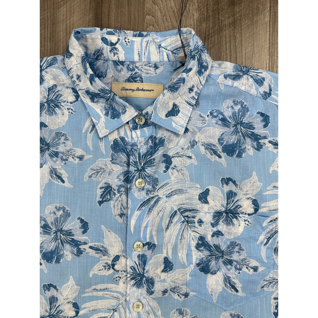 Tommy Bahama Hibiscus Floral Hawaiian Cotton Short Sleeve Camp Shirt in Light Sky Blue — Size Large