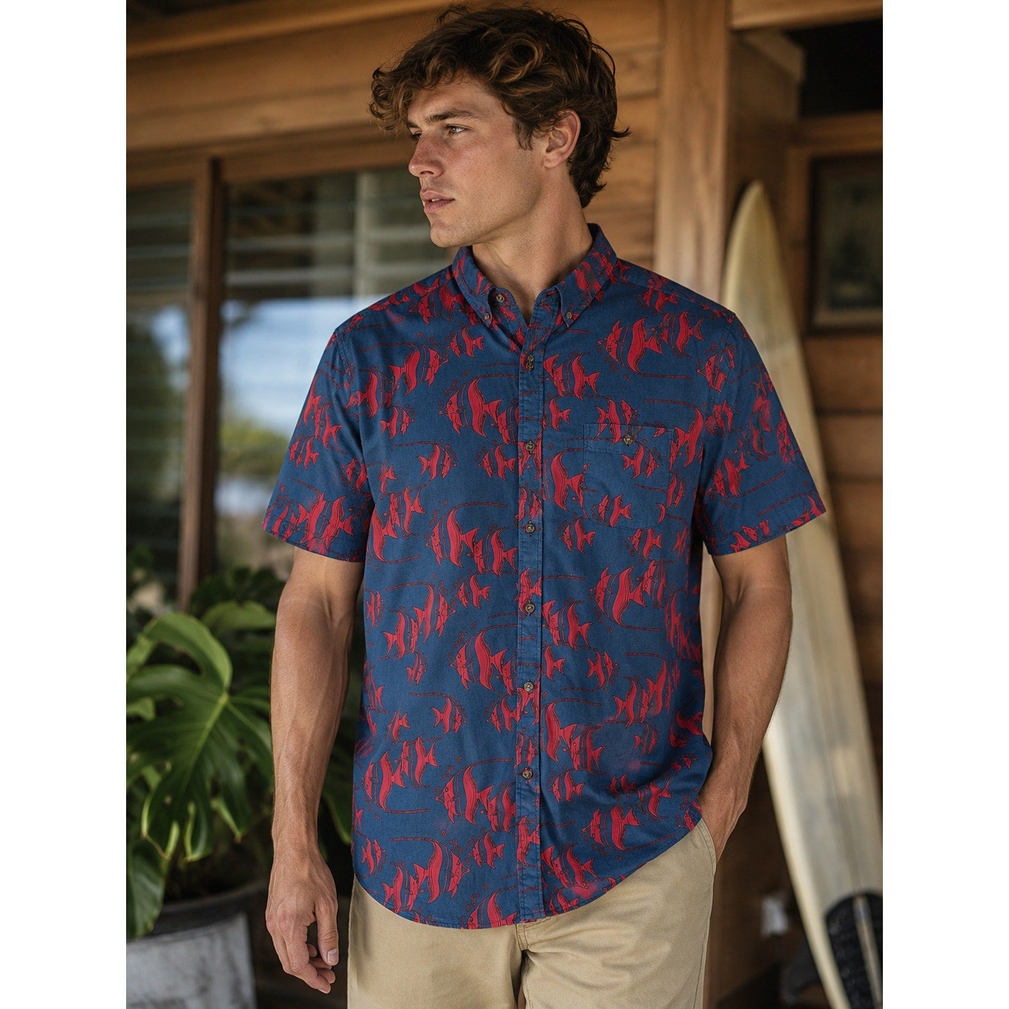 Vissla Deep Seas Short Sleeve Button Down in Dark Blue Gray Red — Size XL // Preowned