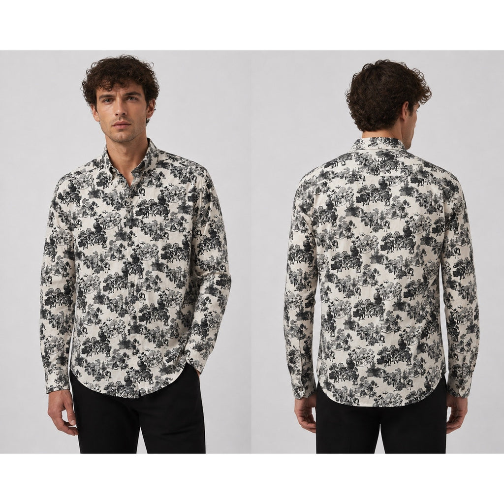 HUGO Ermo Stretch City Print Long Sleeve Shirt in Cream, Black — Size XL // Preowned