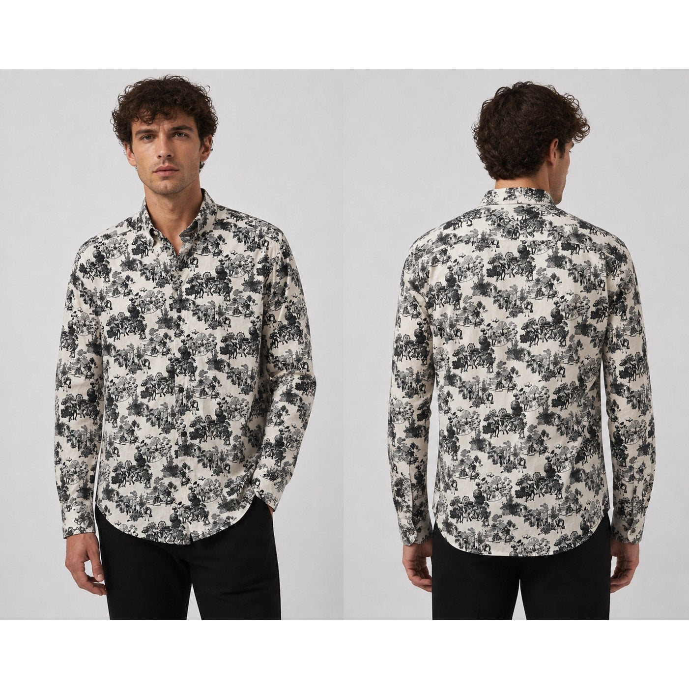 HUGO Ermo Stretch City Print Long Sleeve Shirt in Cream, Black — Size XL // Preowned