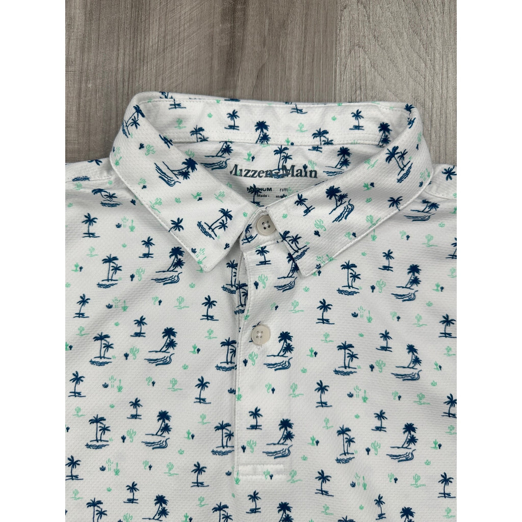 Mizzen+Main Desert Oasis Cactus Palms Performance Trim Polo in White, Navy and Green — Size Medium // Preowned