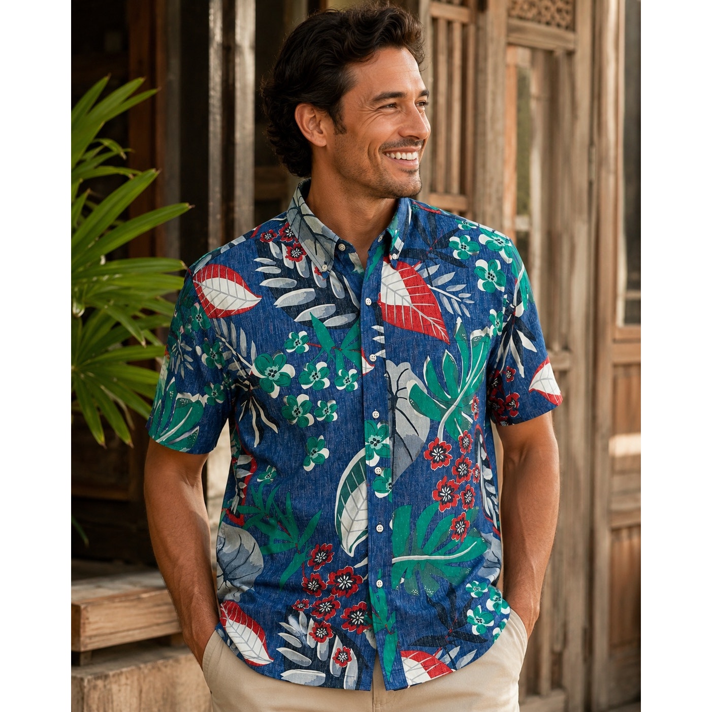 Reyn Spooner Classic Fit Hawaiian Tropical Short Sleeve Button Down in Blue Multi — Size Large // Preowned