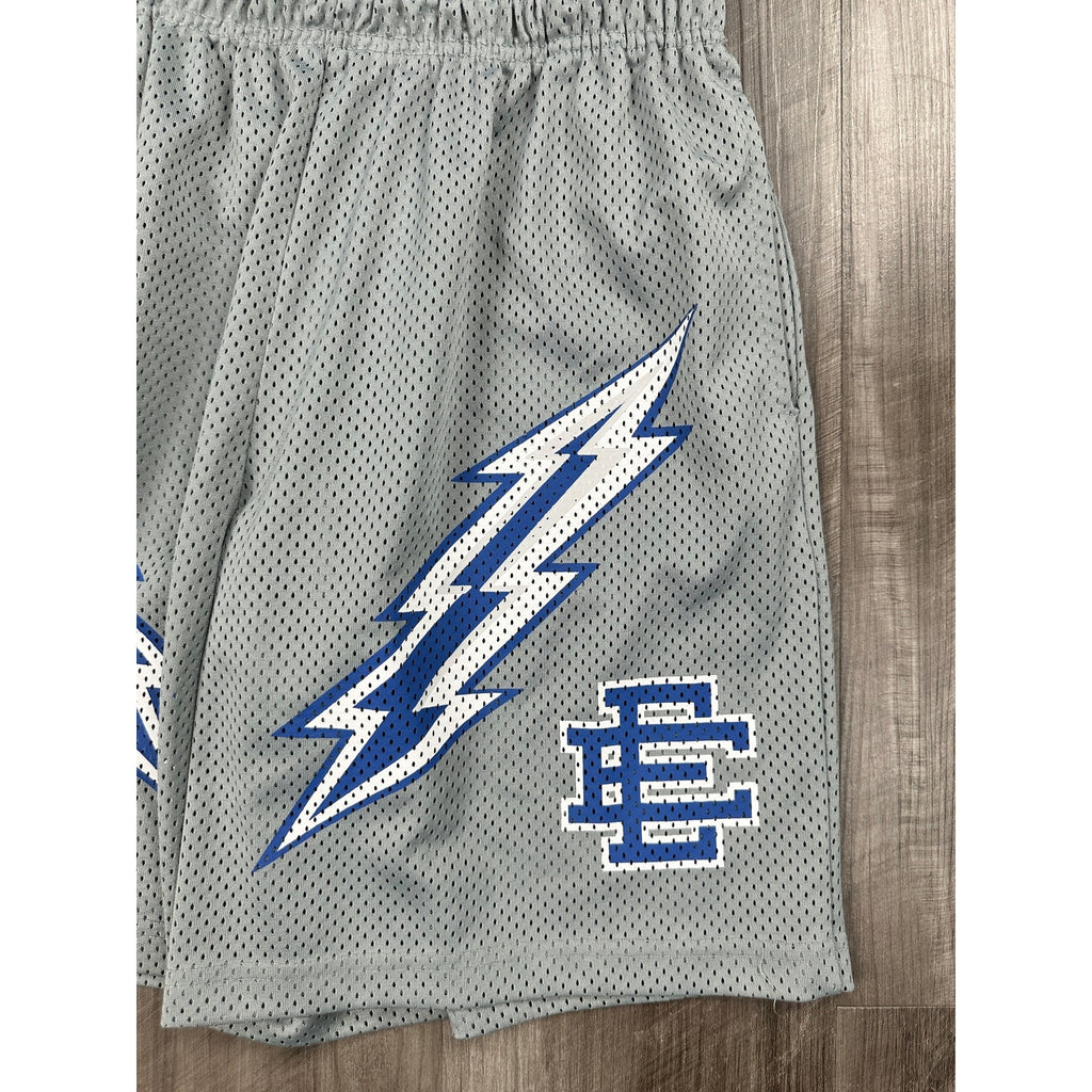 Eric Emanuel Bolt Mesh Gym Shorts in Gray, Blue and White — Size XL // Preowned