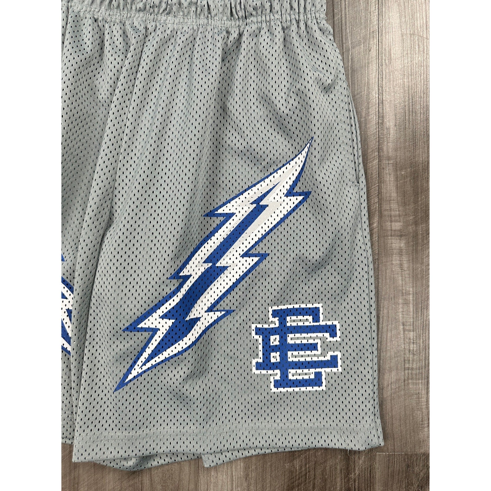 Eric Emanuel Bolt Mesh Gym Shorts in Gray, Blue and White — Size XL // Preowned