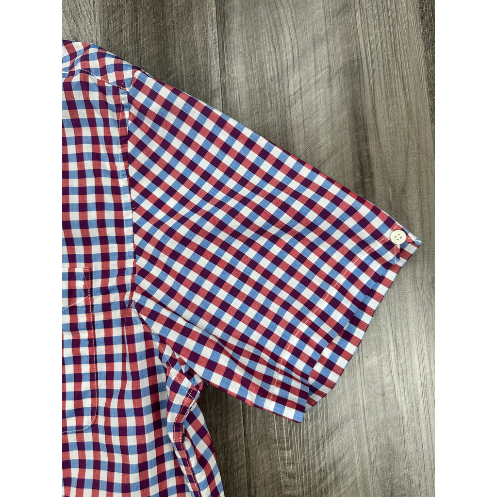Fred Perry Gingham Short Sleeve Button Down in Dark Red Blue White — Size XL // Preowned