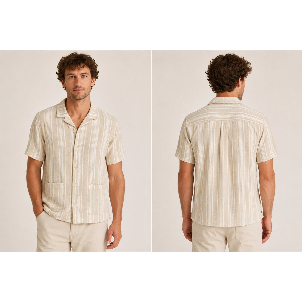 Marine Layer Natural Vertical Stripe Short Sleeve Woven Camp Shirt in Natural Tan, White — Size Medium // Preowned