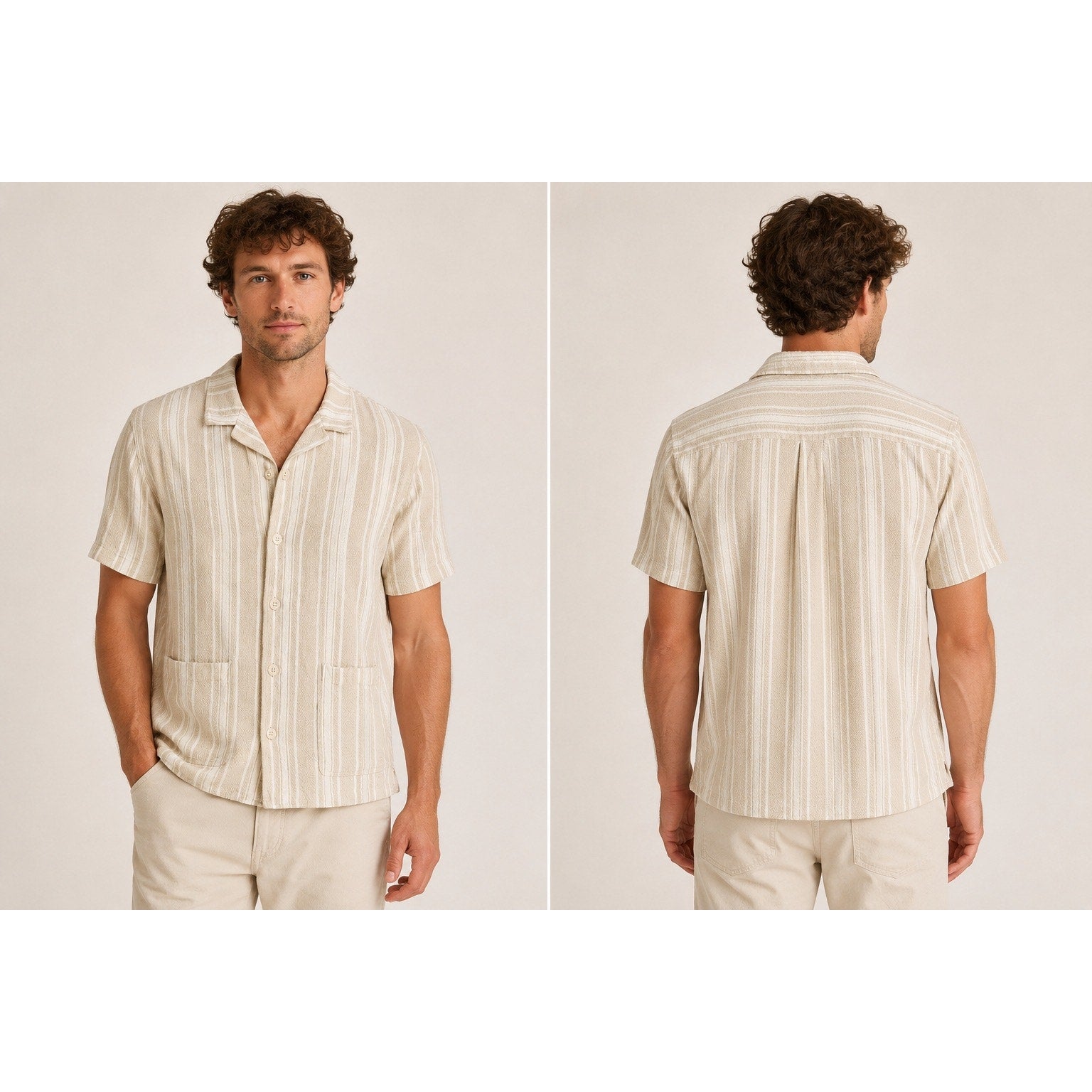 Marine Layer Natural Vertical Stripe Short Sleeve Woven Camp Shirt in Natural Tan, White — Size Medium // Preowned