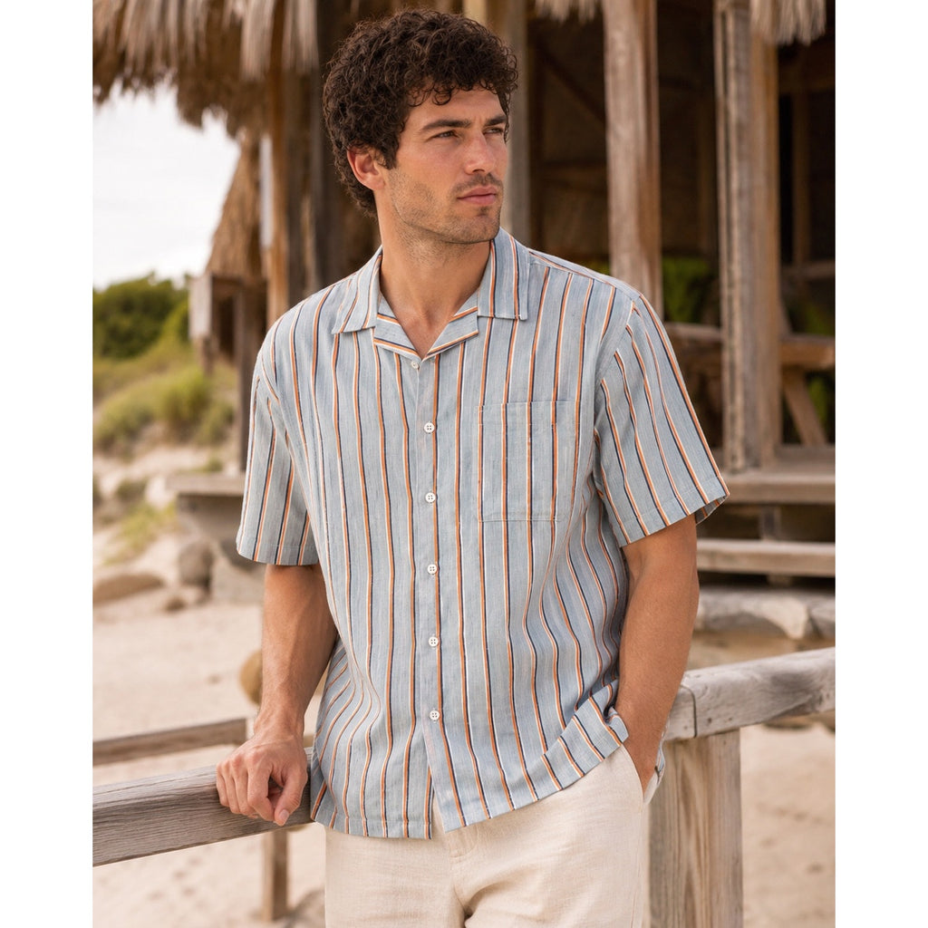 Hamilton Made in America Linen Blend Striped Camp Shirt in Gray with White Orange and Navy — Size XL // Preowned