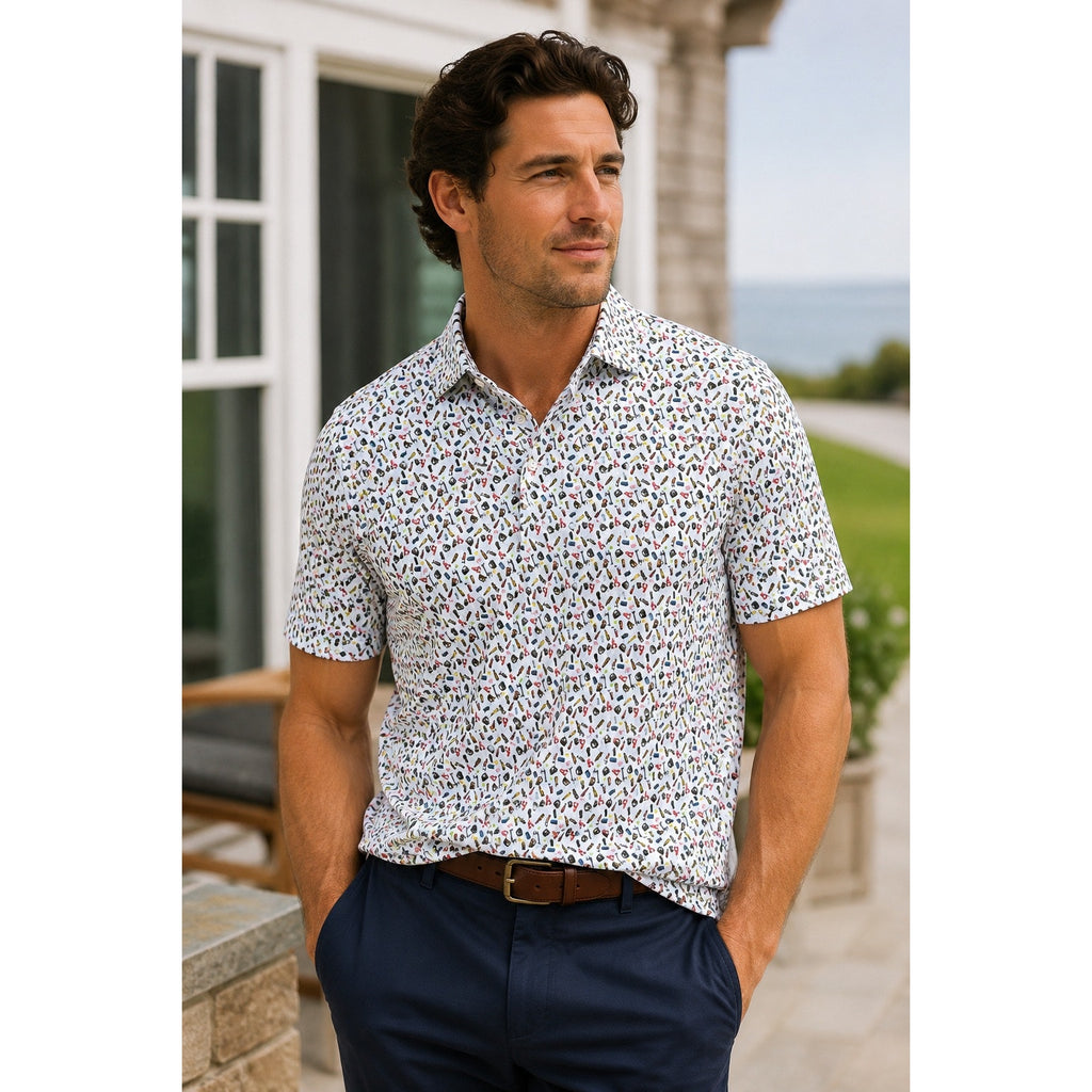 1764 Beer Crab Golf Polo in White Light Blue Lobster Print — Size Medium // Preowned