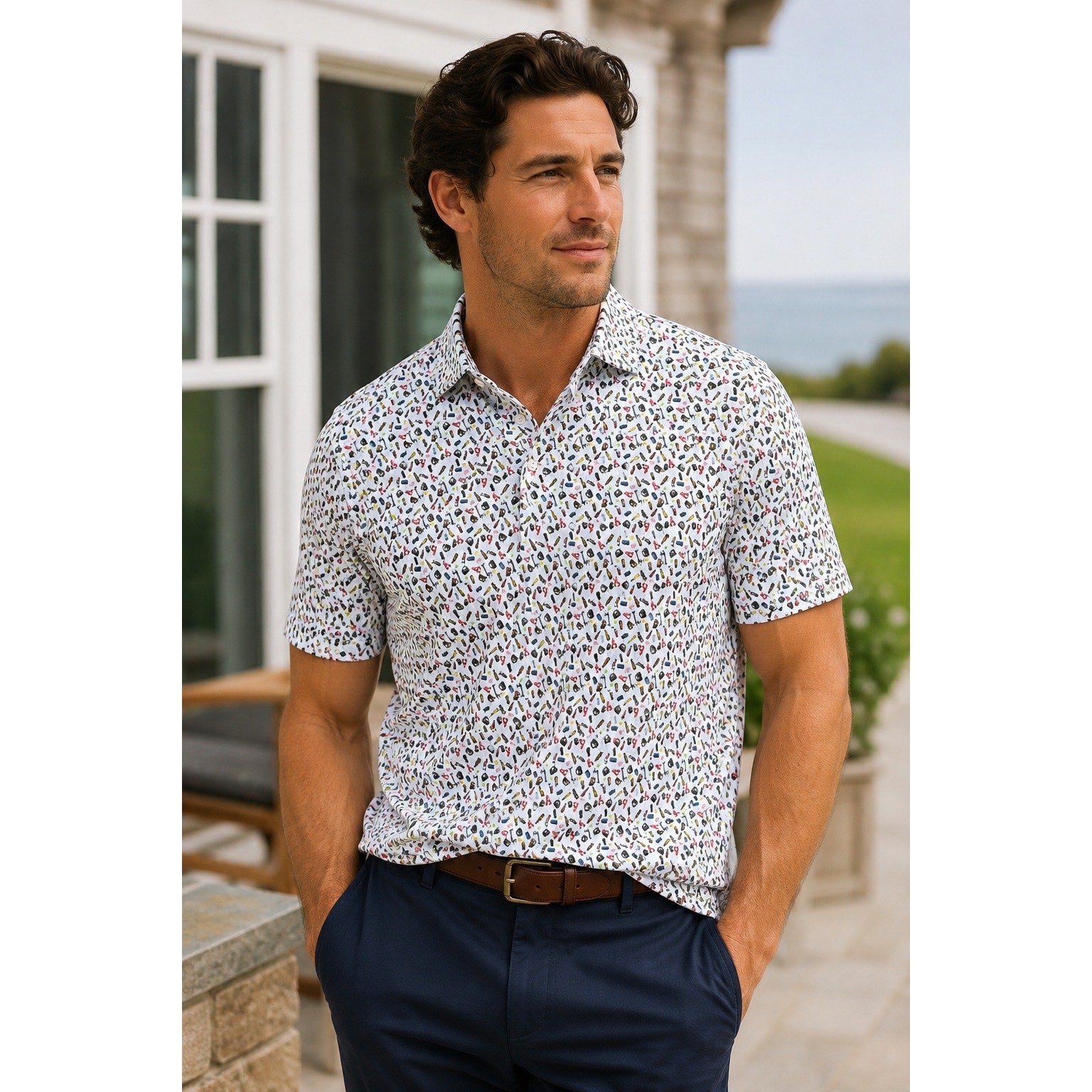 1764 Beer Crab Golf Polo in White Light Blue Lobster Print — Size Medium // Preowned