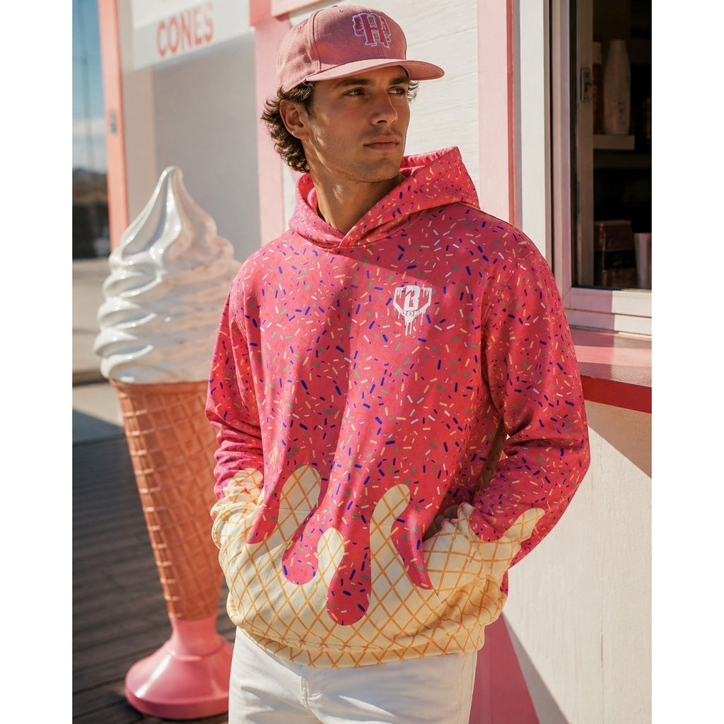 Baseball Lifestyle 101 Ice Cream Pullover Hoodie in Strawberry Pink — Size XL